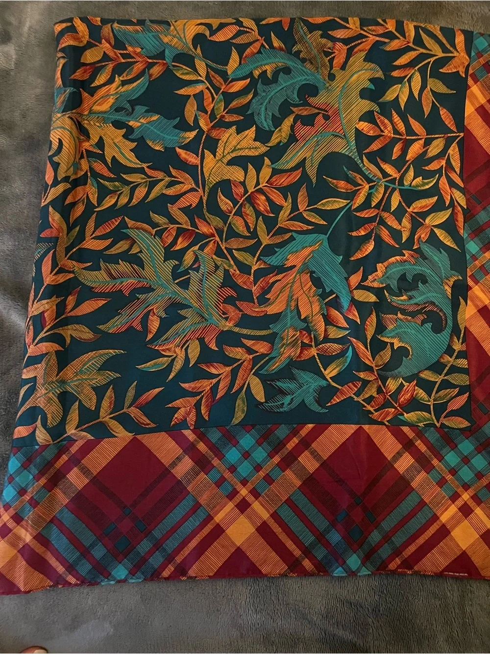 Silk Vintage Accompli Fall Colors Teal and Rust Floral Leaves Plaid Scarf Pretty